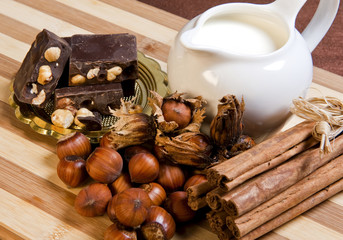 chocolat nougat, nuts, milk and cinnamon