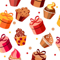 Seamless cupcake pattern with gift boxes and dots