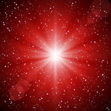 Abstract red background of luminous rays and stars.