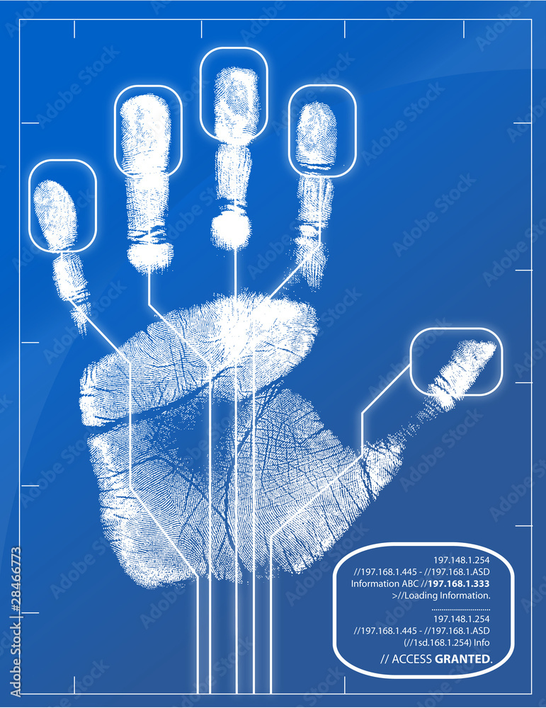 Wall mural hand being scanned before access is granted.