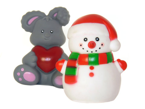 A snowman and a rabbit, christmas toys isolated