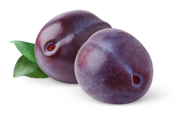 Isolated plums. Two blue plums with leaf isolated on white background © ChaoticDesignStudio