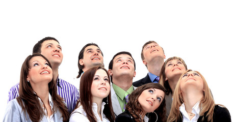 Closeup portrait of many men and women smiling and