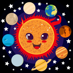 Cute happy Sun with planet friends circling him