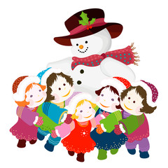 Obraz na płótnie Canvas snowman hugging kids