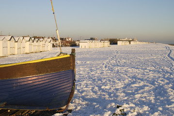 Snow on beach at Worthing. West Sussex. England