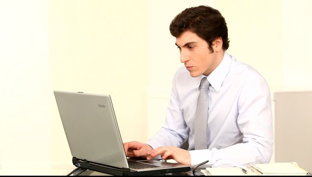 Salesman working on laptop computer
