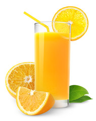 Isolated drink. Glass of orange juice and cut orange fruits isolated on white background