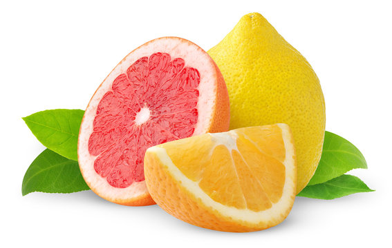 Isolated citrus fruits. Lemon fruit, half of pink grapefruit and orange wedge isolated on white background