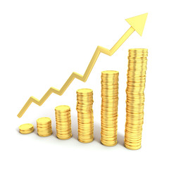 financial growth 3d concept - golden coins as bars
