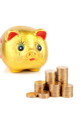 Piggy bank and coins