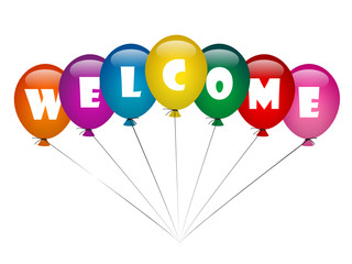 "WELCOME" (rainbow balloons home smile greetings party merry)