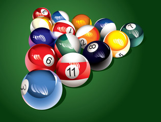 Glossy billiard balls on the table, vector illustration