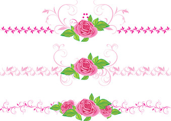 Pink roses with ornament. Three decorative borders. Vector