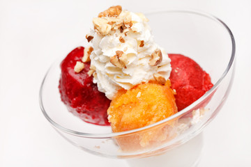 fruits sorbet with vanilla ice cream