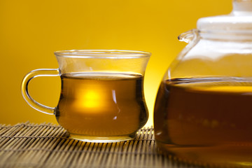 Glass teapot and cup with tea