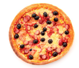 Tasty Italian pizza over white.