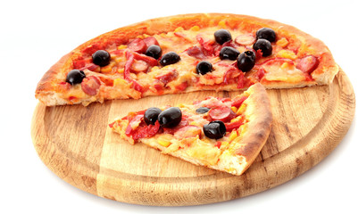 Pizza with olives on wooden plate isolated on white.