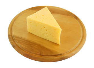 Cheese on wooden board isolated on white background