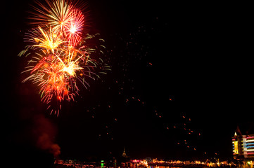 Colorful Fireworks in night at Bangpakong river