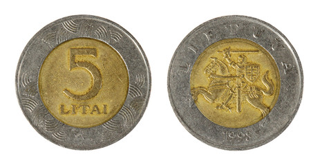 Coin Lithuania lit on the white background (1998 year)