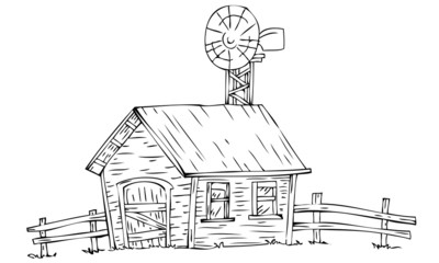 Farmhouse with windmill.
