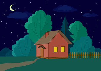 House on forest edge, night