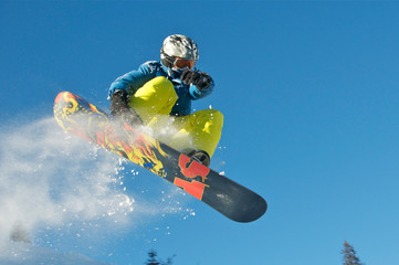 Snowboard Kid springt - obrazy, fototapety, plakaty