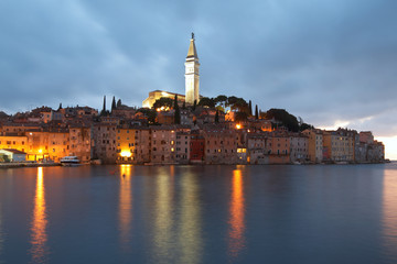 Rovinj. Cathedral of St. Euphemia in the old town at night