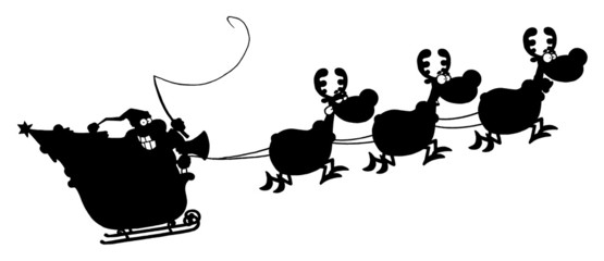 Black Silhouetted Of Magic Reindeer And Santa's Sleigh