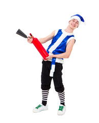 Christmas man in blue santa clothes with fire extinguisher