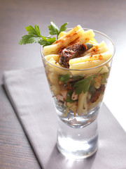 a pasta salad in a glass