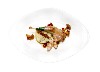 Wild pheasant with potato truffle mashed potatoes, chanterelles