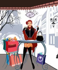 Photo sur Plexiglas Café de rue dessiné Femme buvant du café dans un café parisien après une virée shopping