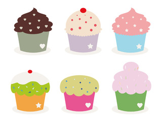 set of six cute cupcakes
