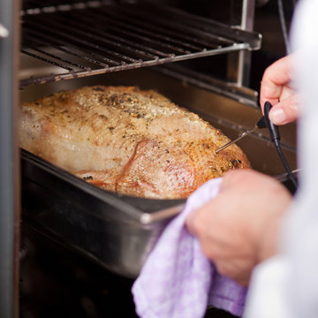 koch pr&uuml;ft temperatur beim g&auml;nsebraten