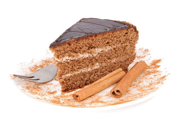 Slice of chocolate cream cake with cinnamon