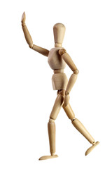 Wooden mannequin running after someone isolated on white