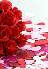 Bouquet of roses and vanlentine hearts