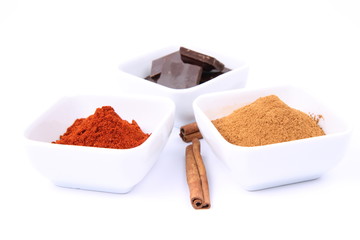 Hot chocolate ingredients: chocolate, cinnamon and chili