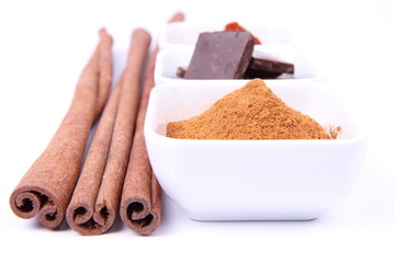 Hot chocolate ingredients: chocolate, cinnamon and chili
