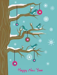 Washable wall murals Birds in the wood New Year illustration with birds and ball