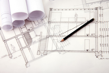 Blueprint and pencil