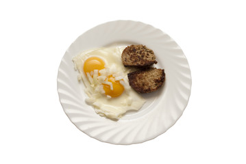 eggs with grilled meat isolated on white background