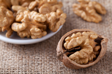 Kernels of nuts in plate and Circassian walnut on sackcloth