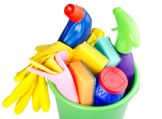 bucket with cleaning articles