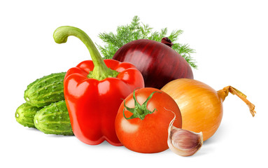 Isolated vegetables. Fresh tomato, bell pepper, onions, cucumbers, dill and garlic in heap  isolated on white background