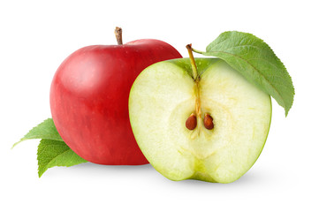 Isolated apples. Red whole apple and half of green apple with leaves isolated on white background