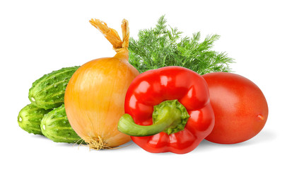 Isolated vegetables. Fresh cucumbers, onion, red bell pepper, plum tomato and dill isolated on white background