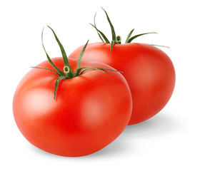 Isolated tomatoes. Two fresh tomatoes isolated on white background